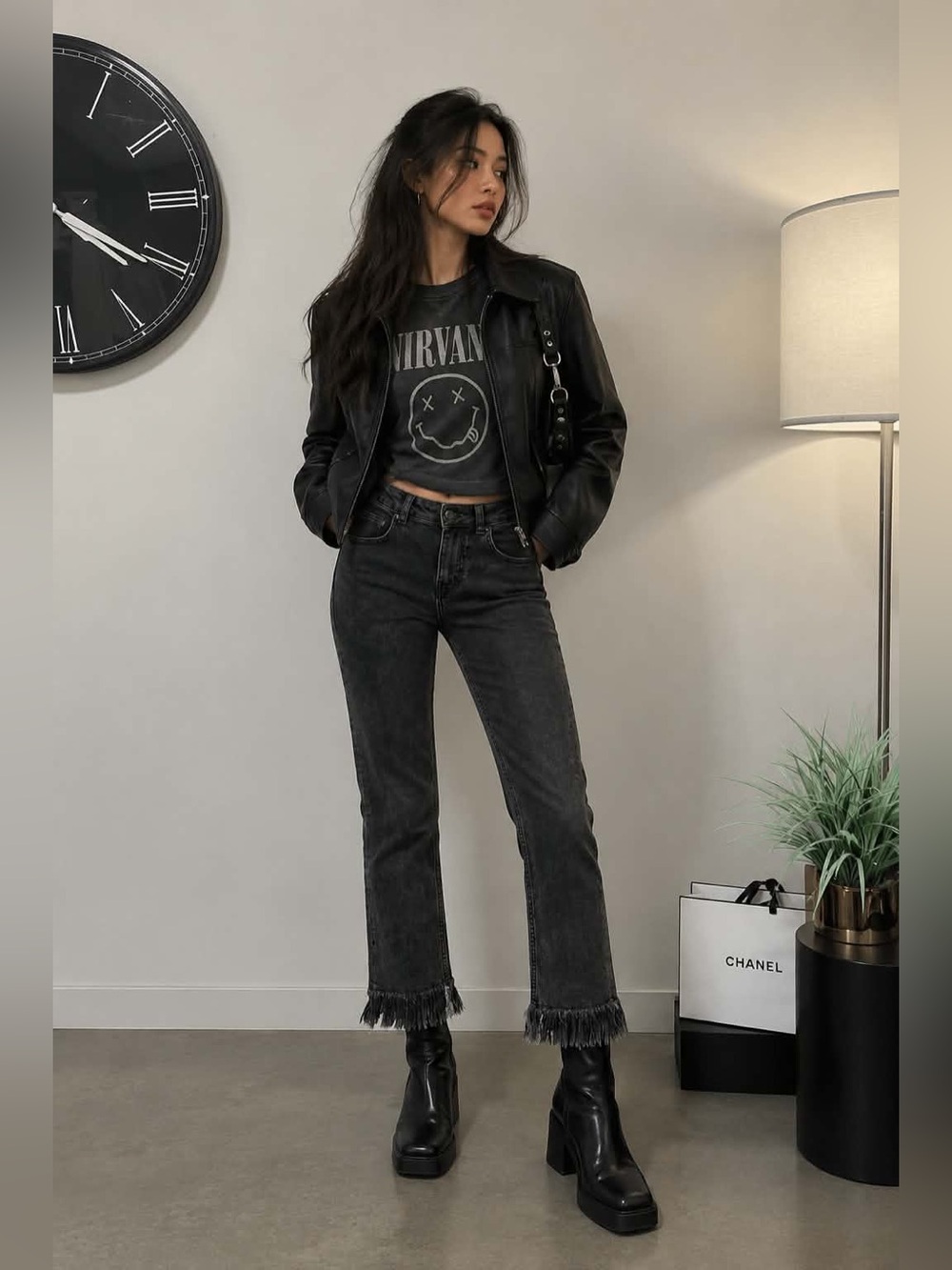 Maje Panakou Fringe Trimmed high rise slim-Leg jeans in Black faded acid wash